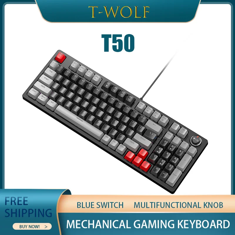 T-Wolf T50 Mechanical Keyboard Blue Switch Multifunctional Knob Office/Gaming Keyboard Rgb Applicable To Windows Macos Linux Etc
T-Wolf T50 Mechanical Keyboard Blue Switch Multifunctional Knob Office/Gaming Keyboard Rgb Applicable To Windows Macos Linux Etc
