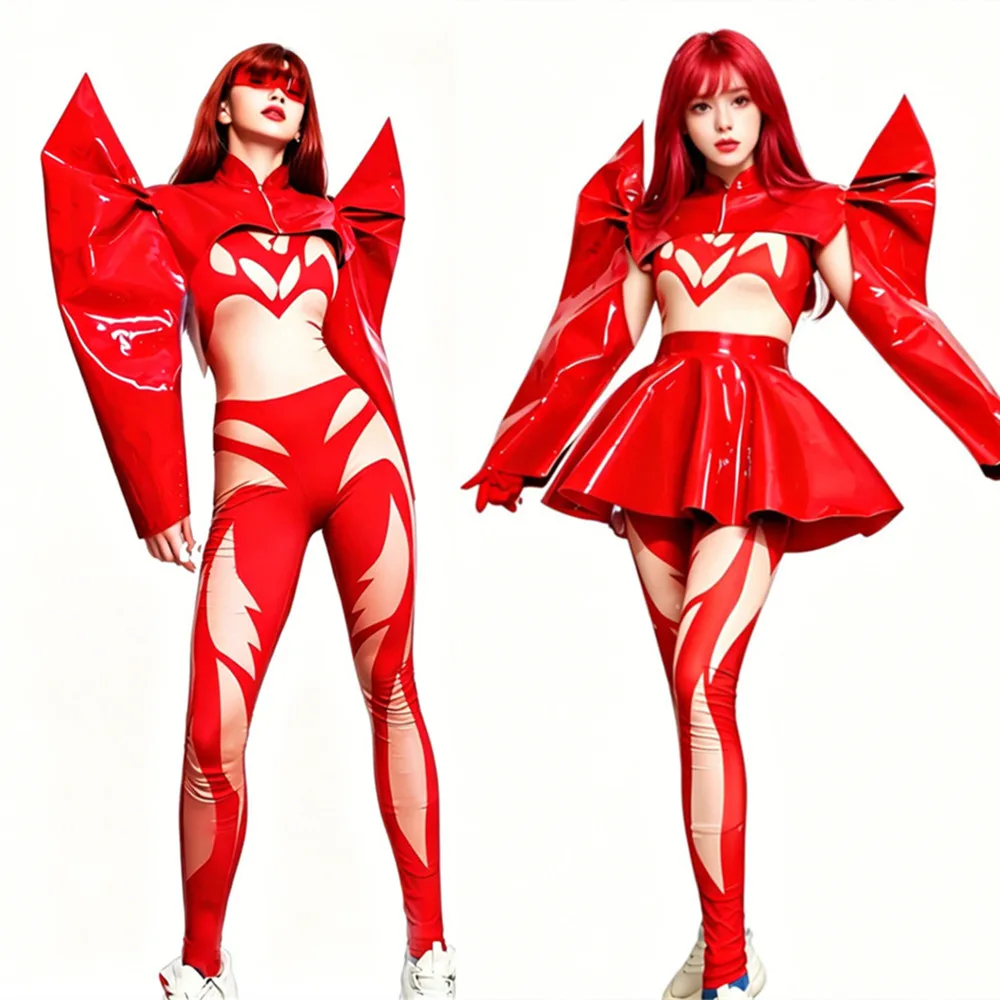 Women Dance Team Future Technology Style Dance Costume Red PU Leather Fly Shoulder Vest Jumpsuit Singer Performance Stage Wear
Women Dance Team Future Technology Style Dance Costume Red PU Leather Fly Shoulder Vest Jumpsuit Singer Performance Stage Wear