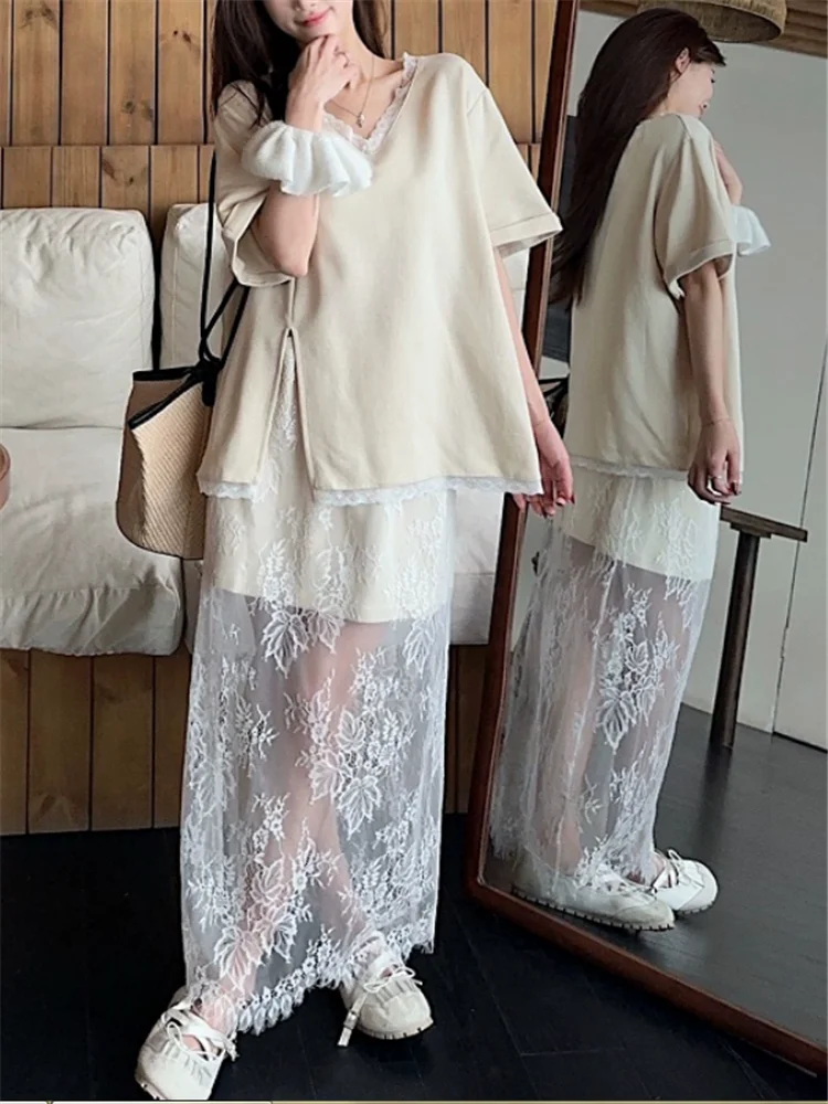 Summer Women Lace Patchwork Two Piece Dress Sets Short Sleeve Split Loose T Shirt&High Waist Lace Skirt Holiday Beach 2pc Suits
Summer Women Lace Patchwork Two Piece Dress Sets Short Sleeve Split Loose T Shirt&High Waist Lace Skirt Holiday Beach 2pc Suits