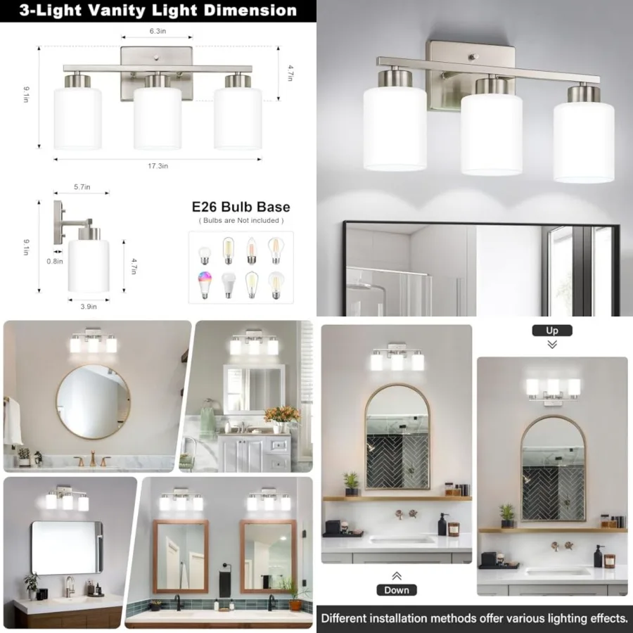 Bathroom Light Fixtures, Modern Vanity Light Over Mirror, Wall Sconces with Milky White Frosted Glass Shades, E26 Socket Bulbs
Bathroom Light Fixtures, Modern Vanity Light Over Mirror, Wall Sconces with Milky White Frosted Glass Shades, E26 Socket Bulbs