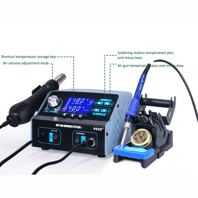 992D+ Intelligent LCD Hot Air Gun Soldering Station Two-in-one Tin Electric Soldering Iron Digital Display Constant Temperature
992D+ Intelligent LCD Hot Air Gun Soldering Station Two-in-one Tin Electric Soldering Iron Digital Display Constant Temperature