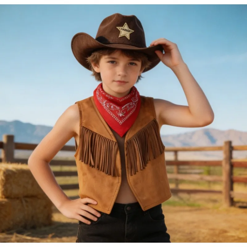 Boys Girls Western Fringe Vest Set Complete with Neck Scarf and Felt Hat for Halloween Wild West Dress Up
Boys Girls Western Fringe Vest Set Complete with Neck Scarf and Felt Hat for Halloween Wild West Dress Up