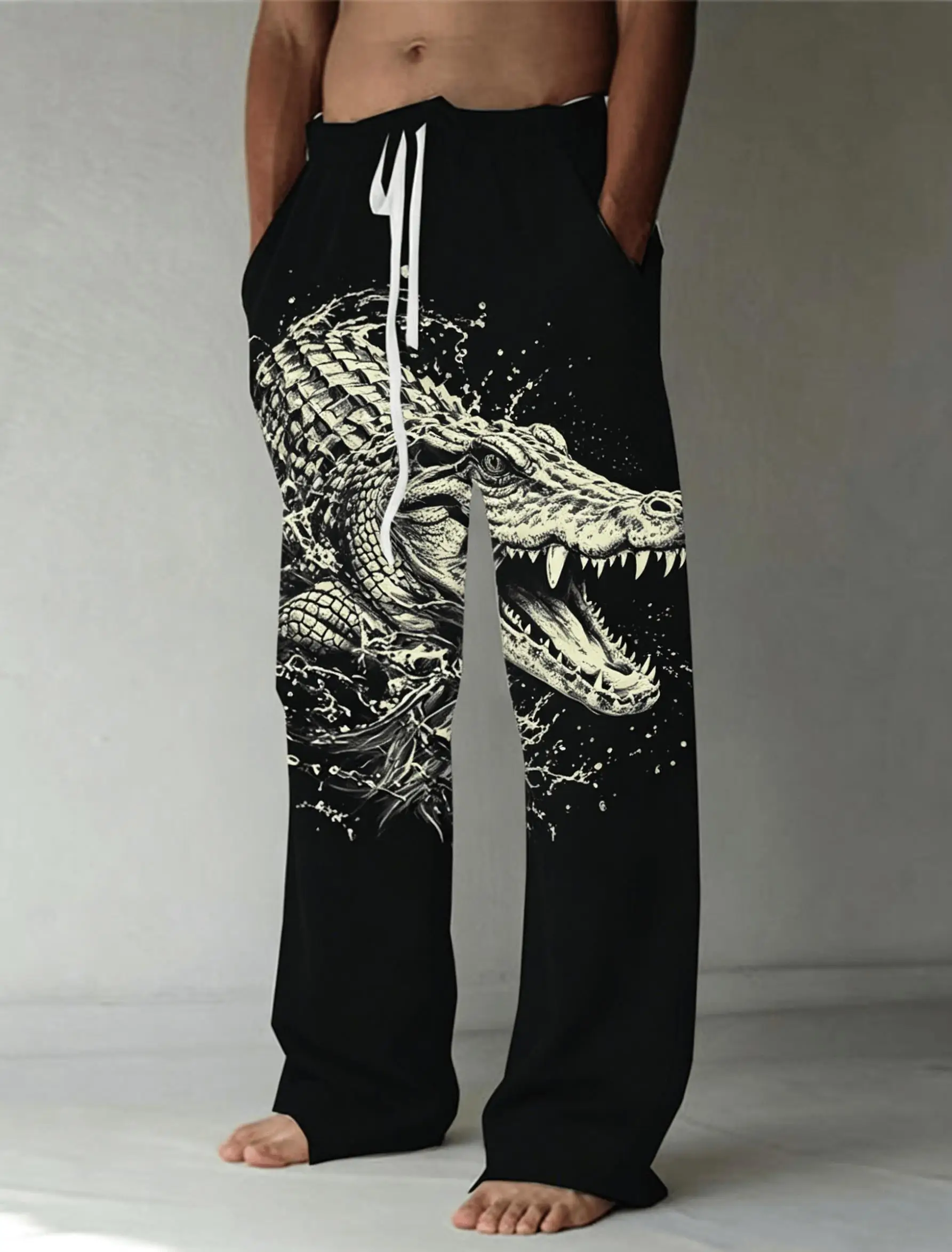 Men's Crocodile Graphic Print Drawstring Pants, Casual Loose Straight-Leg Trousers for Spring and Summer Streetwear
Men's Crocodile Graphic Print Drawstring Pants, Casual Loose Straight-Leg Trousers for Spring and Summer Streetwear