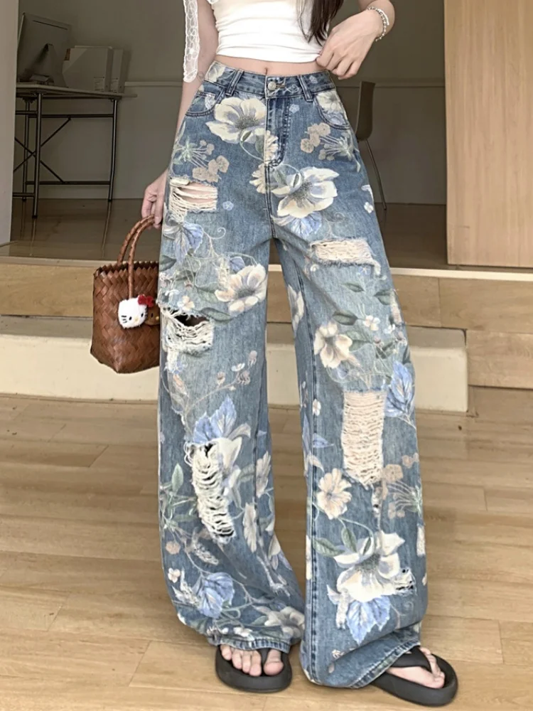 Hole Design Printed Korean Loose High Waisted Straight Leg Pants Women's Summer New Fashion Street Jeans
Hole Design Printed Korean Loose High Waisted Straight Leg Pants Women's Summer New Fashion Street Jeans