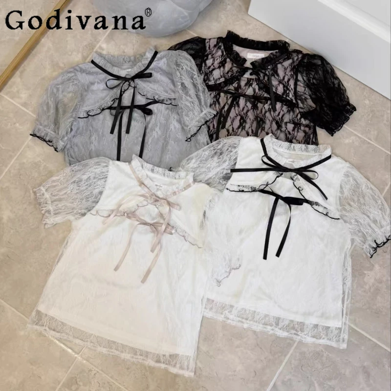 Japanese New Mine Sweet Short Sleeve Shirts Summer 2025 Girls Women's Cute Bow Lace Hollow Out Lace-Up Top Daily Basic Blouses
Japanese New Mine Sweet Short Sleeve Shirts Summer 2025 Girls Women's Cute Bow Lace Hollow Out Lace-Up Top Daily Basic Blouses