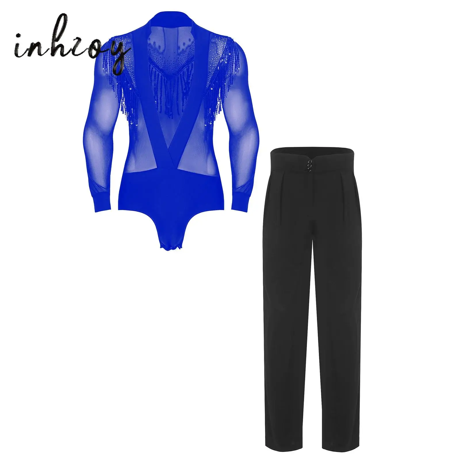 Mens Tango Latin Cha-cha Dance Outfits 2-Piece Deep V-neck Long Sleeve Sequins Tassel Mesh Bodysuit High Waist Dance Pants Set
Mens Tango Latin Cha-cha Dance Outfits 2-Piece Deep V-neck Long Sleeve Sequins Tassel Mesh Bodysuit High Waist Dance Pants Set