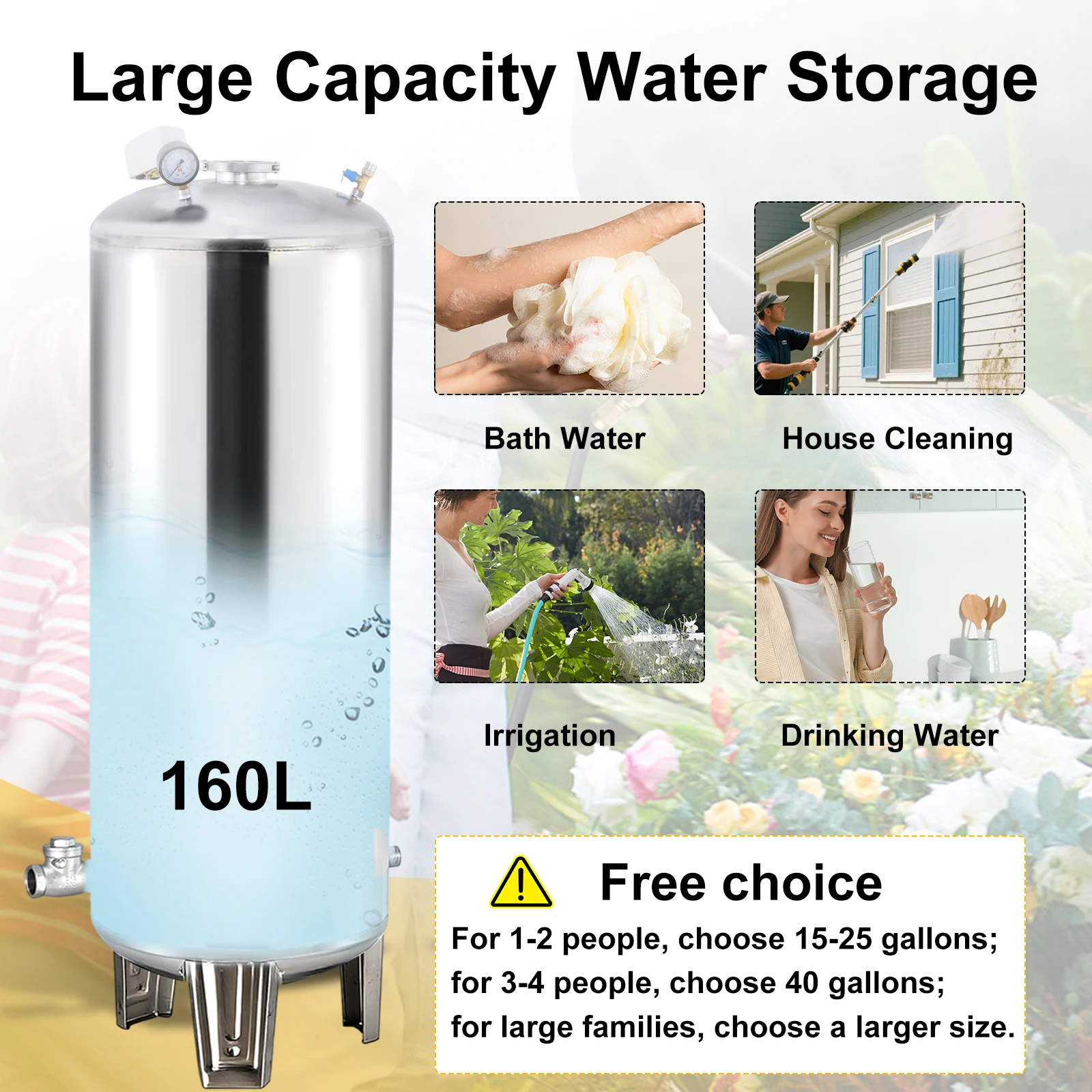 160L Heavy Duty Well Pressure Tank, Stainless Steel Well Pump Pressure Tank, 42 psi Pressure for Irrigation Courtyard Farm
160L Heavy Duty Well Pressure Tank, Stainless Steel Well Pump Pressure Tank, 42 psi Pressure for Irrigation Courtyard Farm