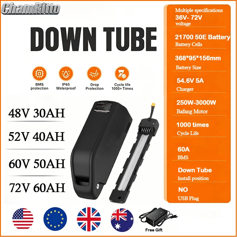 E bike cham rider Battery 1500 Cycle Life 48V 52V 60V72V High Power Polly Down Tube 30 40AH 50Ah 21700 2000W Lithium-ion Battery
E bike cham rider Battery 1500 Cycle Life 48V 52V 60V72V High Power Polly Down Tube 30 40AH 50Ah 21700 2000W Lithium-ion Battery
