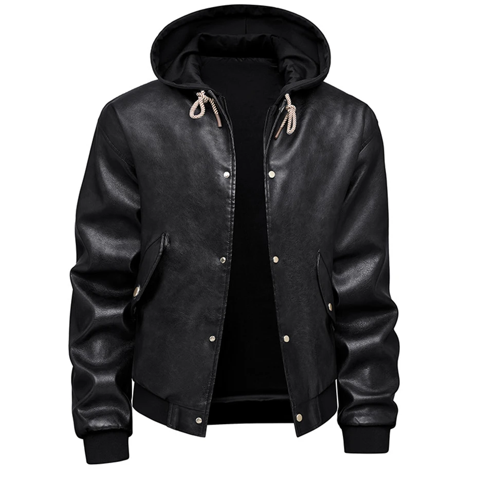 Куртка из искусственной кожи с капюшоном, мужская весенне-осенняя мотоциклетная байкерская куртка, пальто, модная повседневная однотонная куртка-карго, мужское пальто из искусственной кожи, черное 
Куртка из искусственной кожи с капюшоном, мужская весенне-осенняя мотоциклетная байкерская куртка, пальто, модная повседневная однотонная куртка-карго, мужское пальто из искусственной кожи, черное