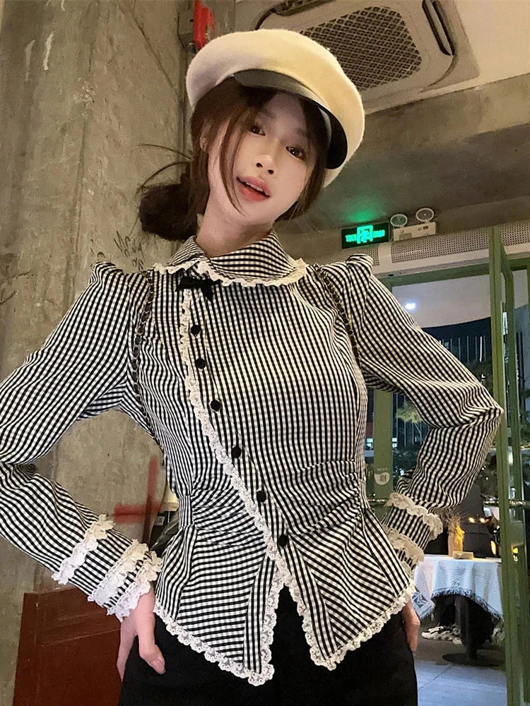 Irregular Plaid Shirt Women French Chic Peter Pan Collar Crop Tops New Japanese Fashion Sweet Kawaii Preppy Style Female Blouse
Irregular Plaid Shirt Women French Chic Peter Pan Collar Crop Tops New Japanese Fashion Sweet Kawaii Preppy Style Female Blouse
