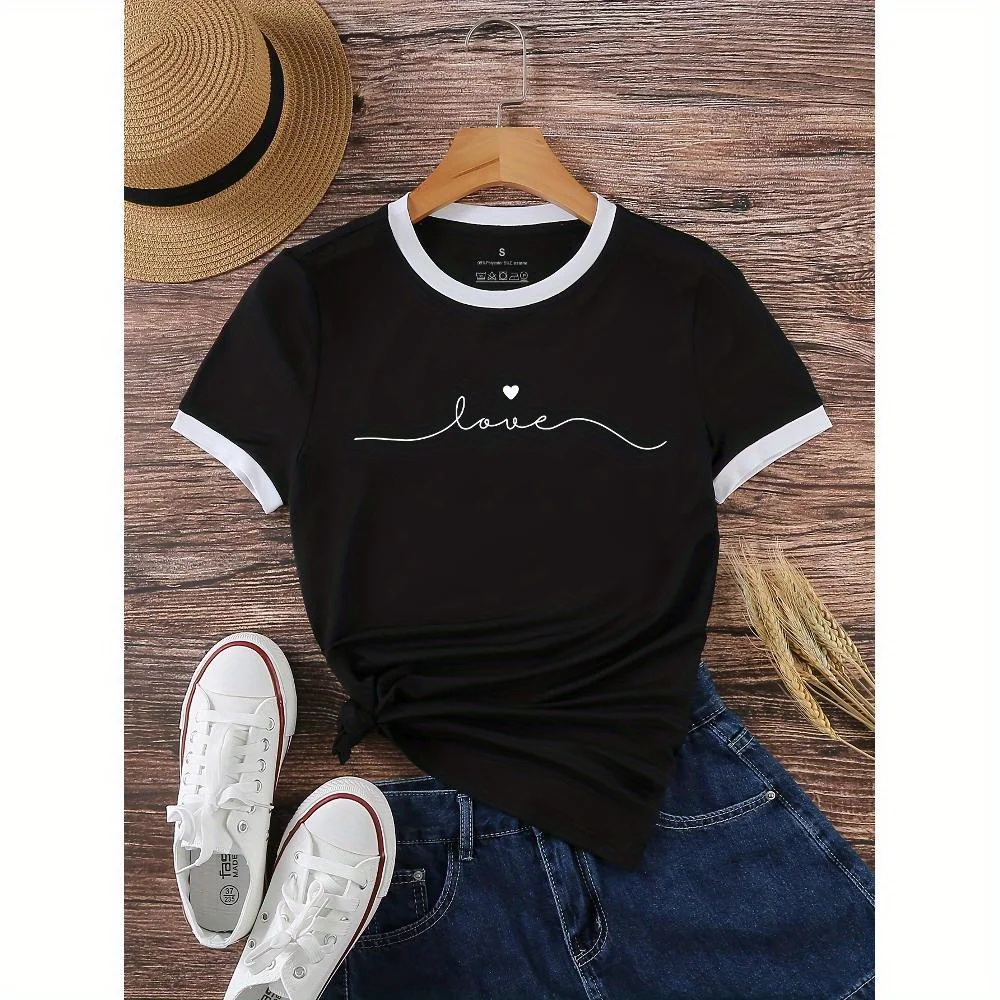 1pc Women'S Casual Crew Neck T-Shirt with Alphabet Love Design, Polyester Knit Fabric, Regular Length, All Season Comfort Fit
1pc Women'S Casual Crew Neck T-Shirt with Alphabet Love Design, Polyester Knit Fabric, Regular Length, All Season Comfort Fit