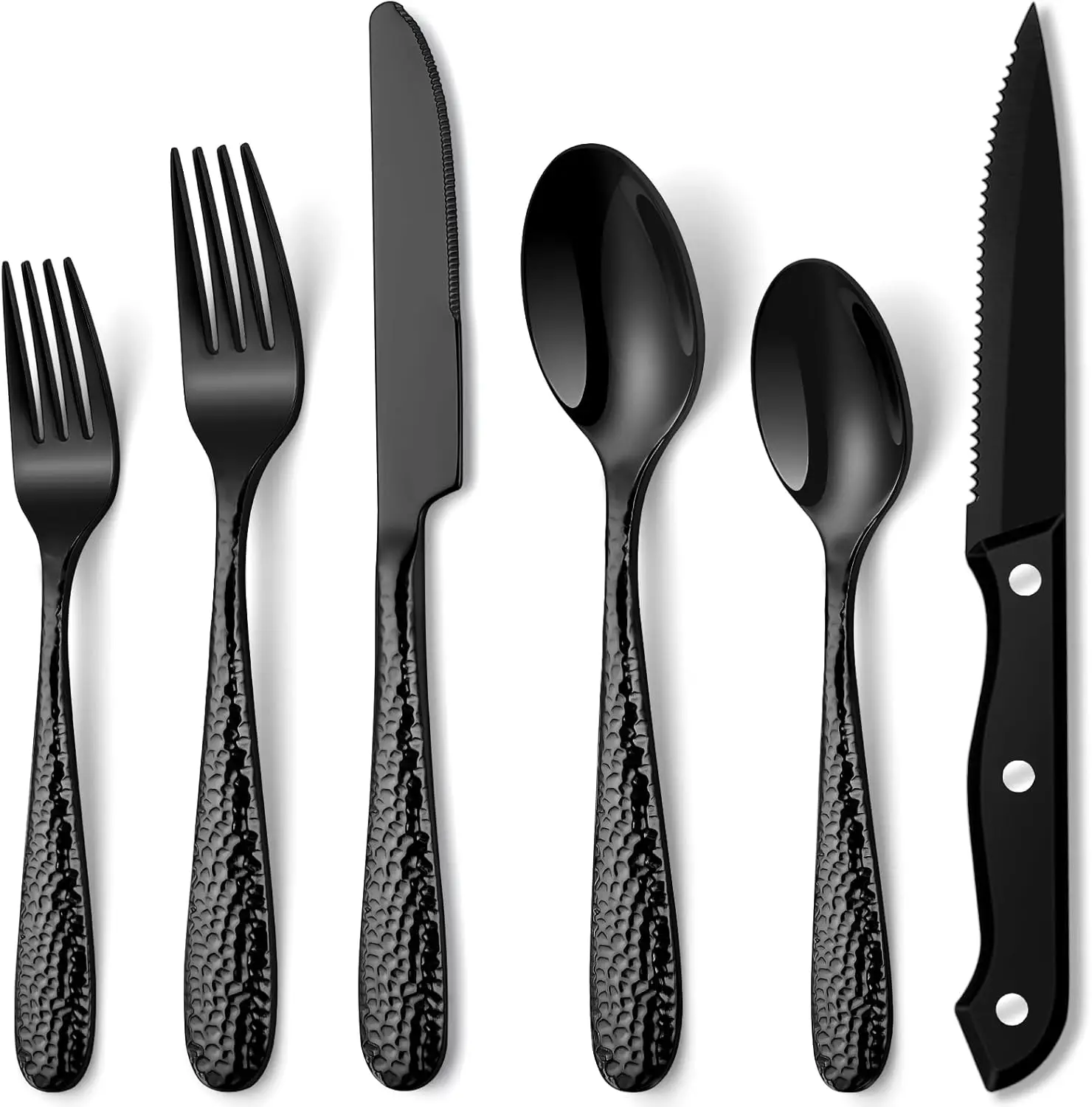 48-Piece Hammered Black Silverware Set for 8, Heavy Duty Stainless Steel Cutlery with Mirror Finish, Dishwasher Safe
48-Piece Hammered Black Silverware Set for 8, Heavy Duty Stainless Steel Cutlery with Mirror Finish, Dishwasher Safe