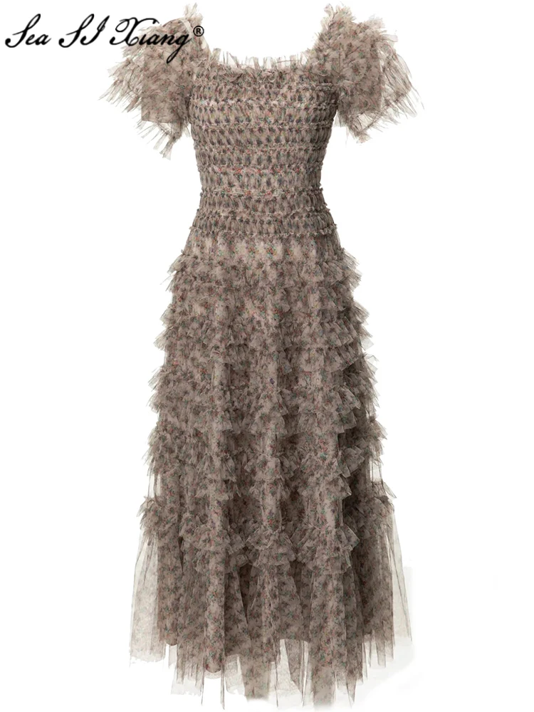 Seasixiang Fashion Designer Summer Mesh Dress Women's Slash Neck Short Sleeve Flowers Print Ruffles Vintage Backless Dresses
Seasixiang Fashion Designer Summer Mesh Dress Women's Slash Neck Short Sleeve Flowers Print Ruffles Vintage Backless Dresses