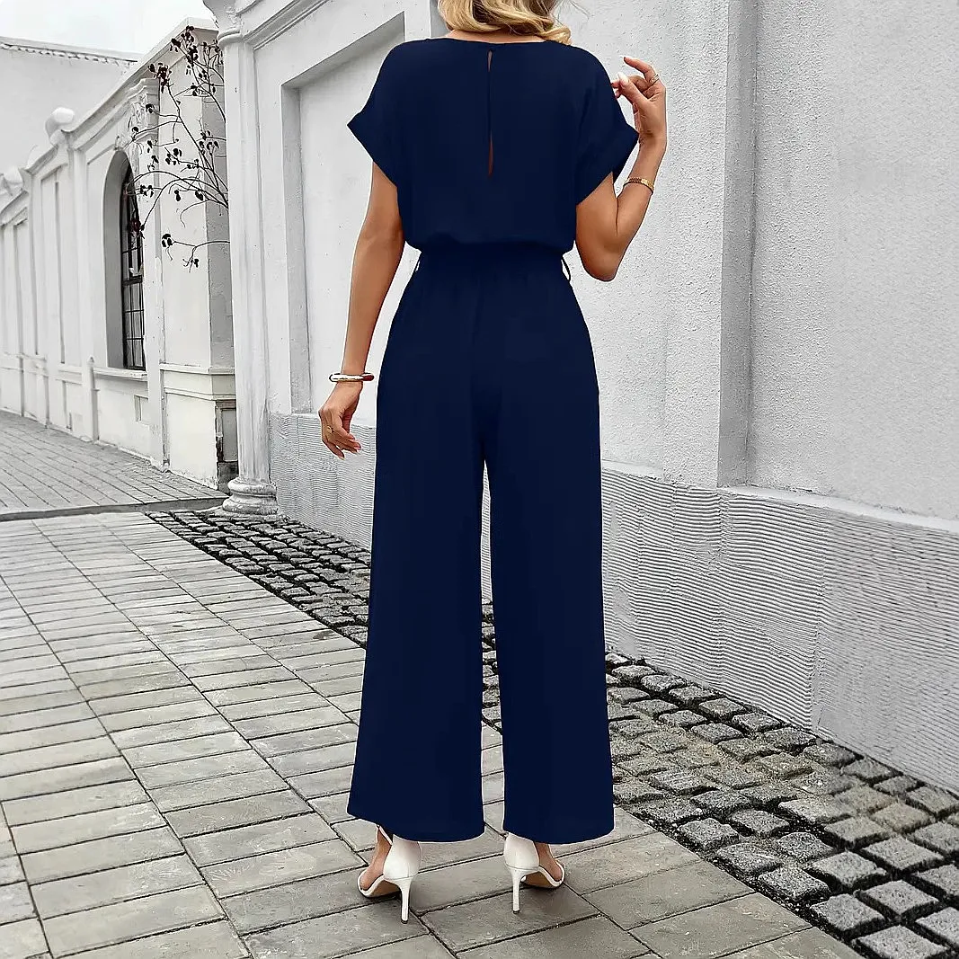 Elegant Summer Short Sleeve Button Tie Straight Pants Jumpsuit Matching Set for Women
Elegant Summer Short Sleeve Button Tie Straight Pants Jumpsuit Matching Set for Women