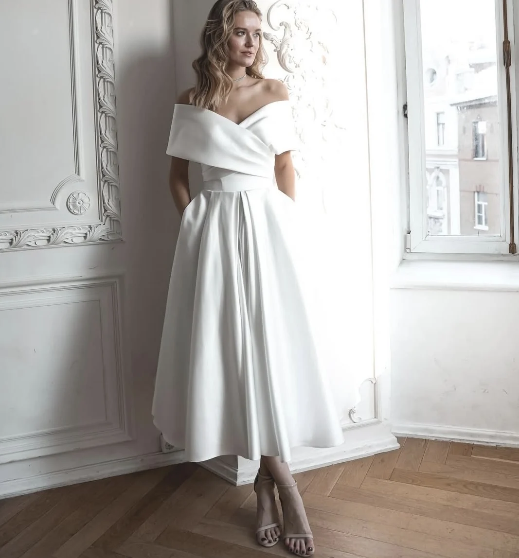 Wedding Dress for Women 2025 Off The Shoulder A-Line Satin Ankle Length With Pocket Bridal Gowns Simple свадебное платье Elegant
Wedding Dress for Women 2025 Off The Shoulder A-Line Satin Ankle Length With Pocket Bridal Gowns Simple свадебное платье Elegant