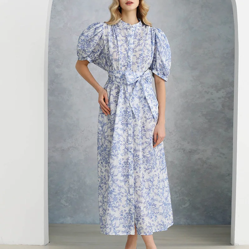 Casual O-neck Puff Sleeve Loose Dress Women's Fashion Single Breasted Lace Up Long Dress 2025 Summer Elegant Pleated Party Dress
Casual O-neck Puff Sleeve Loose Dress Women's Fashion Single Breasted Lace Up Long Dress 2025 Summer Elegant Pleated Party Dress