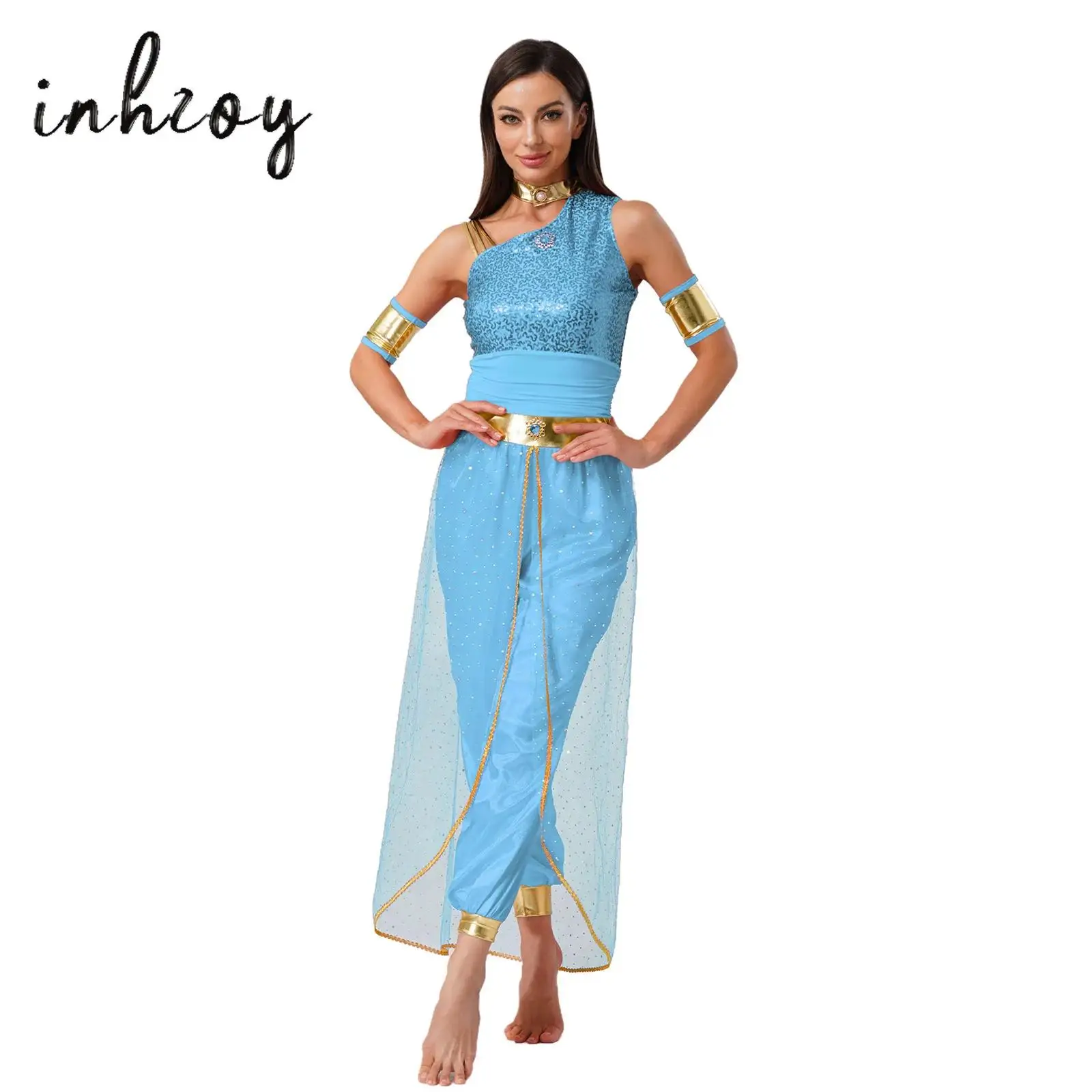 Womens Belly Dance Jumpsuit Arab Princess Cosplay Costume Gem Decor Shiny Tulle Overlay Jumpsuit+Sleeves for Halloween Party
Womens Belly Dance Jumpsuit Arab Princess Cosplay Costume Gem Decor Shiny Tulle Overlay Jumpsuit+Sleeves for Halloween Party