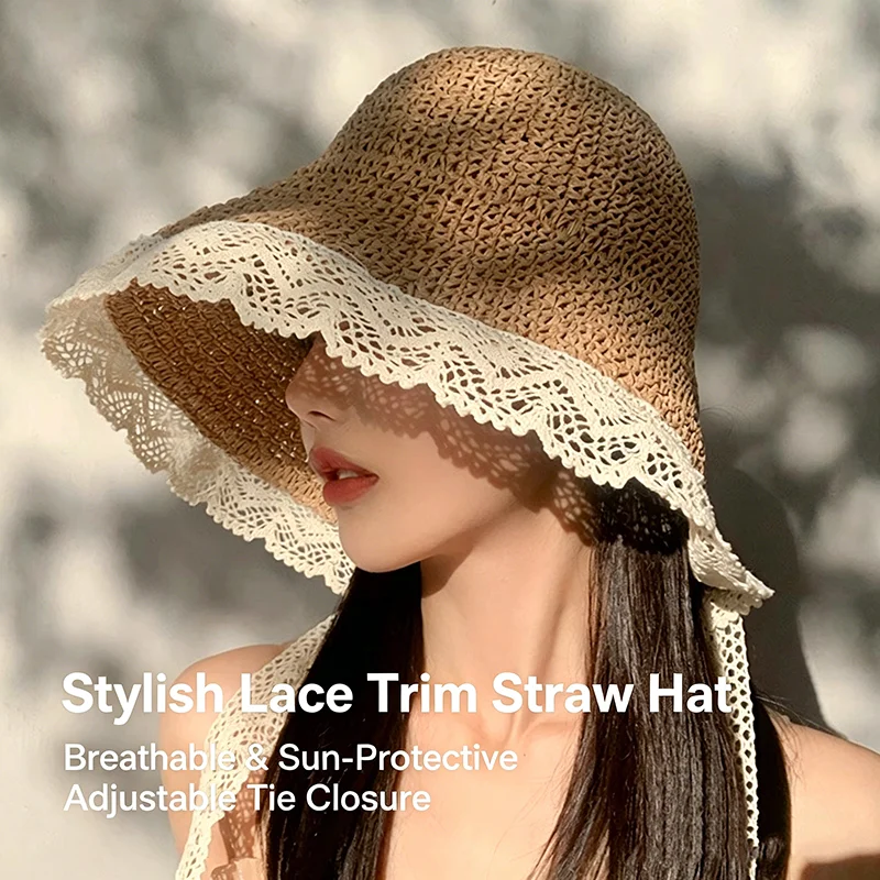 Summer Lace Trim Foldable Straw Sun Hat for Women French Large Brim Fisherman Cap with Ribbon Beach Visor
Summer Lace Trim Foldable Straw Sun Hat for Women French Large Brim Fisherman Cap with Ribbon Beach Visor