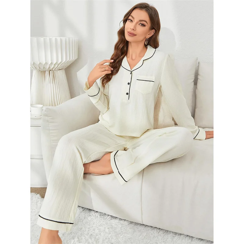 New Women's Pajamas Lapel Collar Long Sleeve Top Trousers Sets Spring Autumn Home Clothes Casual Ladies Sleepwear Pijama Suit
New Women's Pajamas Lapel Collar Long Sleeve Top Trousers Sets Spring Autumn Home Clothes Casual Ladies Sleepwear Pijama Suit