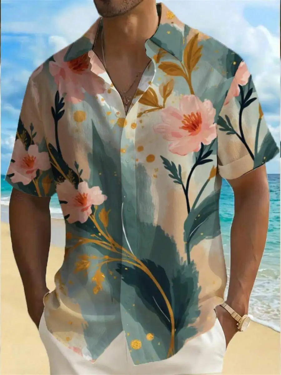 Mens Casual Hawaiian Shirt With 3D Floral Print And Golden Specks
Mens Casual Hawaiian Shirt With 3D Floral Print And Golden Specks