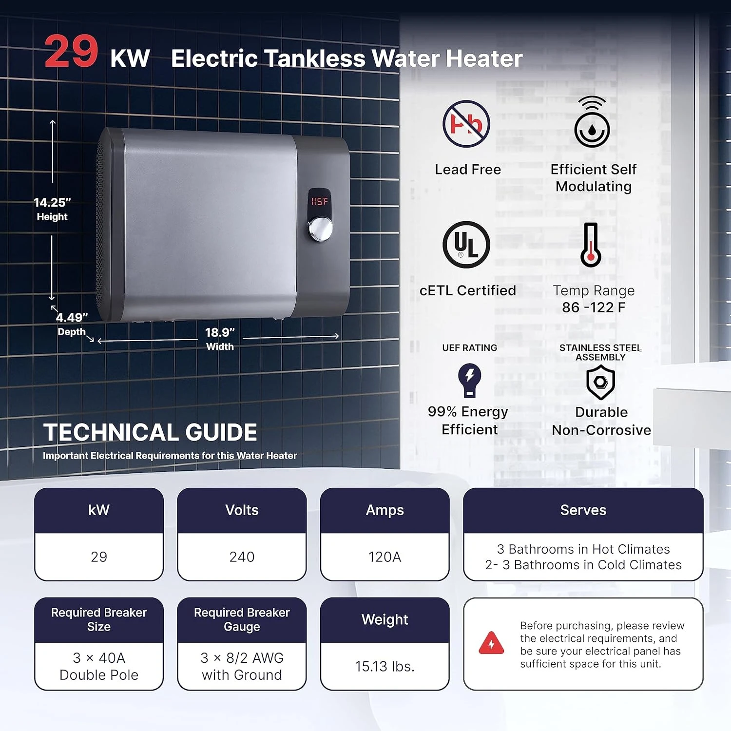Безрезервуарный водонагреватель мощностью 29 кВт, электрический, 240 В, 5,4 галлонов в минуту, самомоделирующийся, техническое мультиприменение для всего дома, горячая вода по запросу
Безрезервуарный водонагреватель мощностью 29 кВт, электрический, 240 В, 5,4 галлонов в минуту, самомоделирующийся, техническое мультиприменение для всего дома, горячая вода по запросу