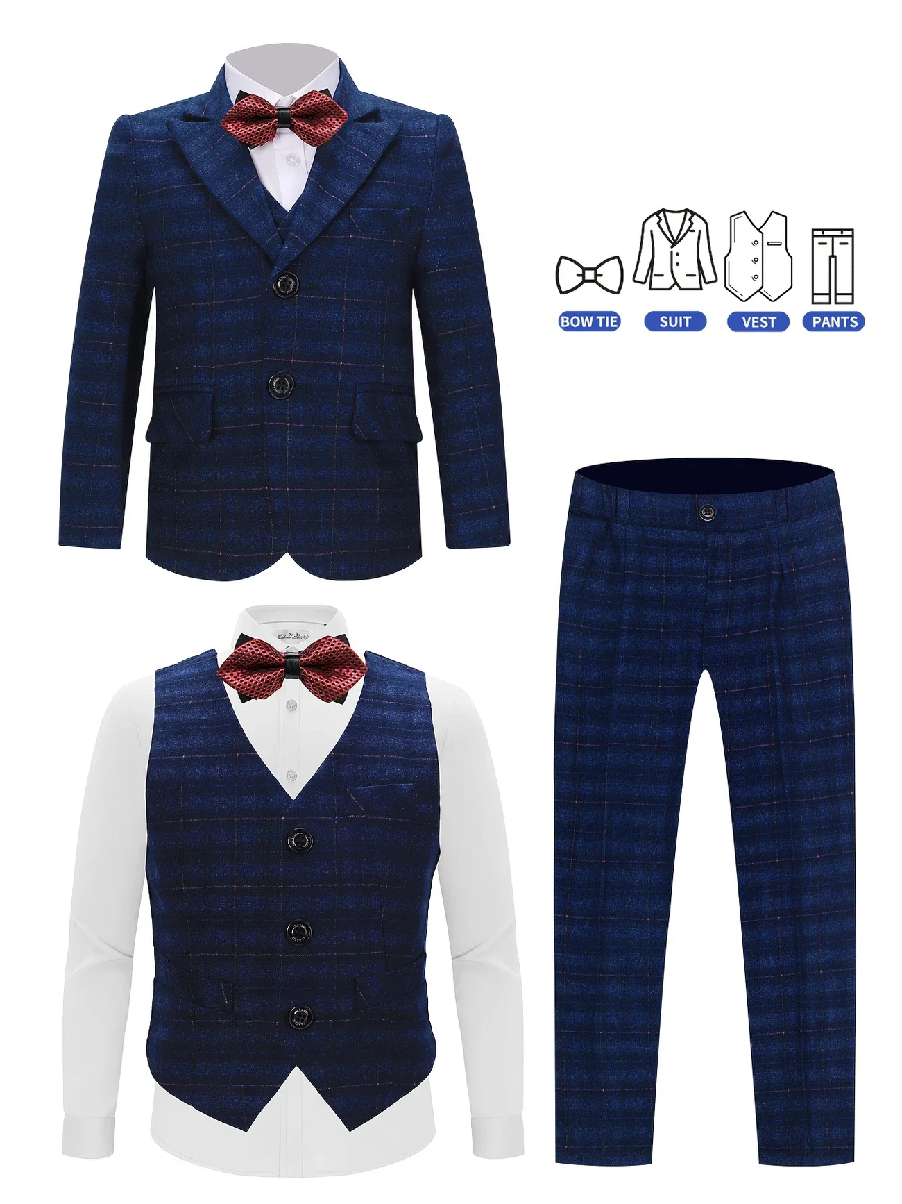 Kids Formal Blazer Vest Pants Bowtie 4Pieces Suit for Wedding Boys Piano Host Birthday Ceremony Performance Photography Outfit
Kids Formal Blazer Vest Pants Bowtie 4Pieces Suit for Wedding Boys Piano Host Birthday Ceremony Performance Photography Outfit