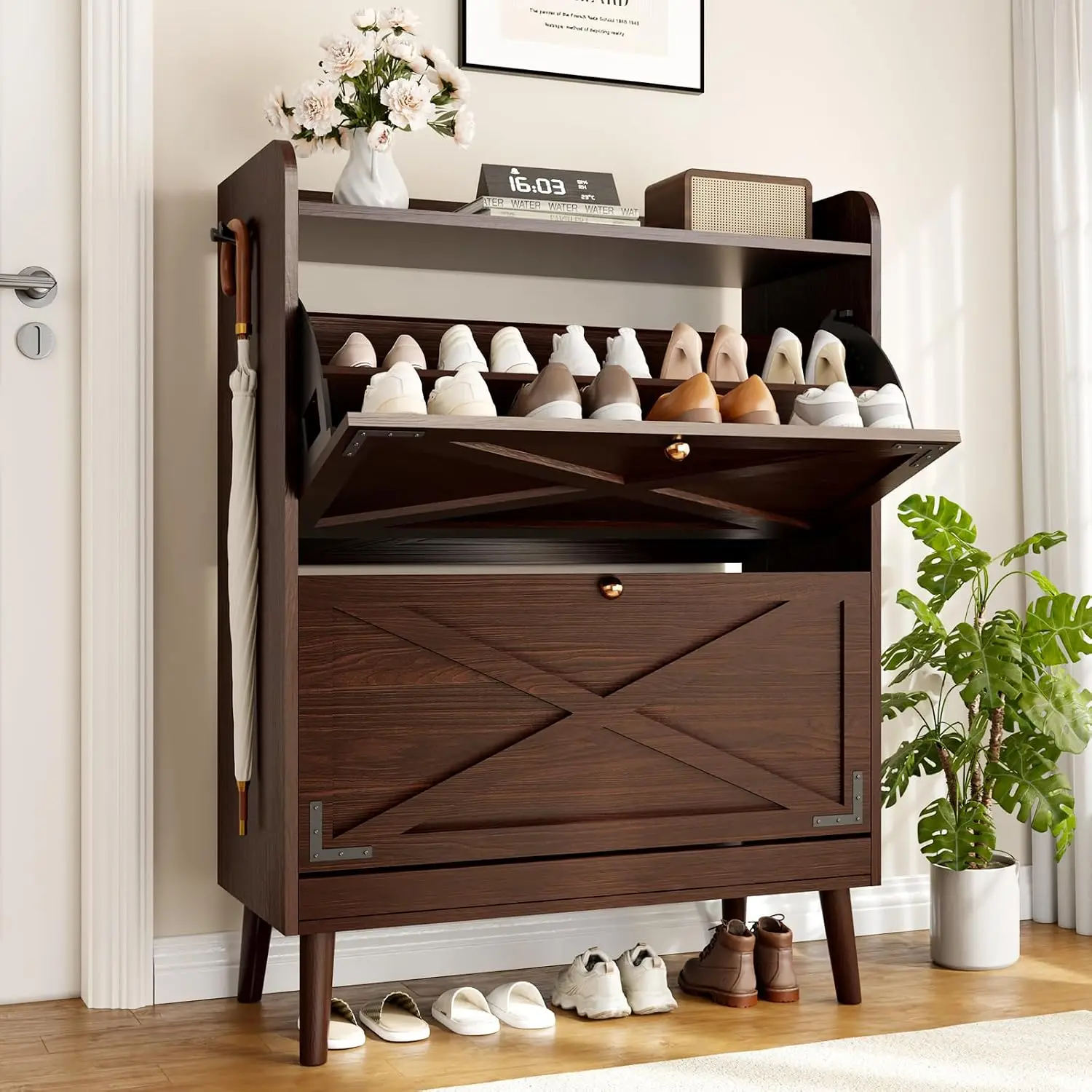 Narrow Shoe Cabinet with 2 Flip Drawers & Adjustable Shelves, Freestanding with Side Hooks, Rustic Brown for Entryway
Narrow Shoe Cabinet with 2 Flip Drawers & Adjustable Shelves, Freestanding with Side Hooks, Rustic Brown for Entryway