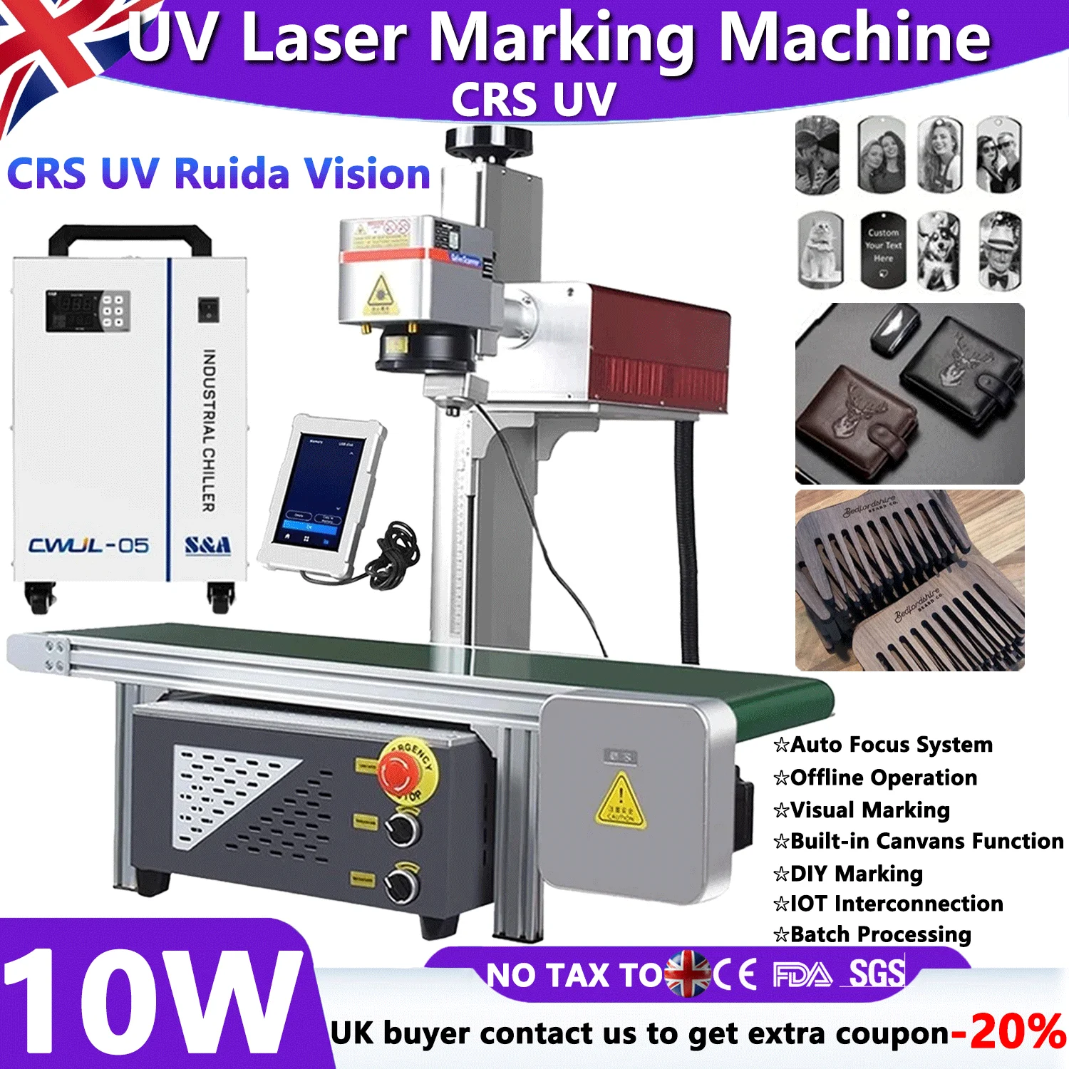 10W CRS UV Laser Marking Machine with Water Chiller for Glass Crystal Metal Plastic Wood Industrial Camera Visual Positioning
10W CRS UV Laser Marking Machine with Water Chiller for Glass Crystal Metal Plastic Wood Industrial Camera Visual Positioning