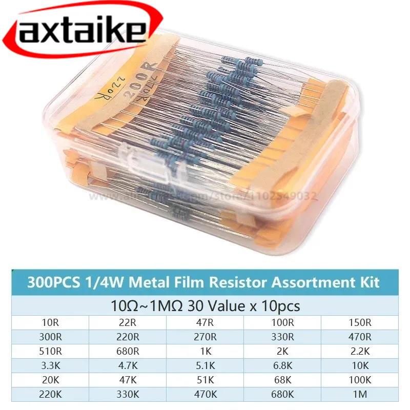300/600PCS/Set 30 Kinds 1/4W Resistance 1% Metal Film Resistor Pack Assorted KIT Set1K 10K 100K 220ohm 1M Resistors
300/600PCS/Set 30 Kinds 1/4W Resistance 1% Metal Film Resistor Pack Assorted KIT Set1K 10K 100K 220ohm 1M Resistors