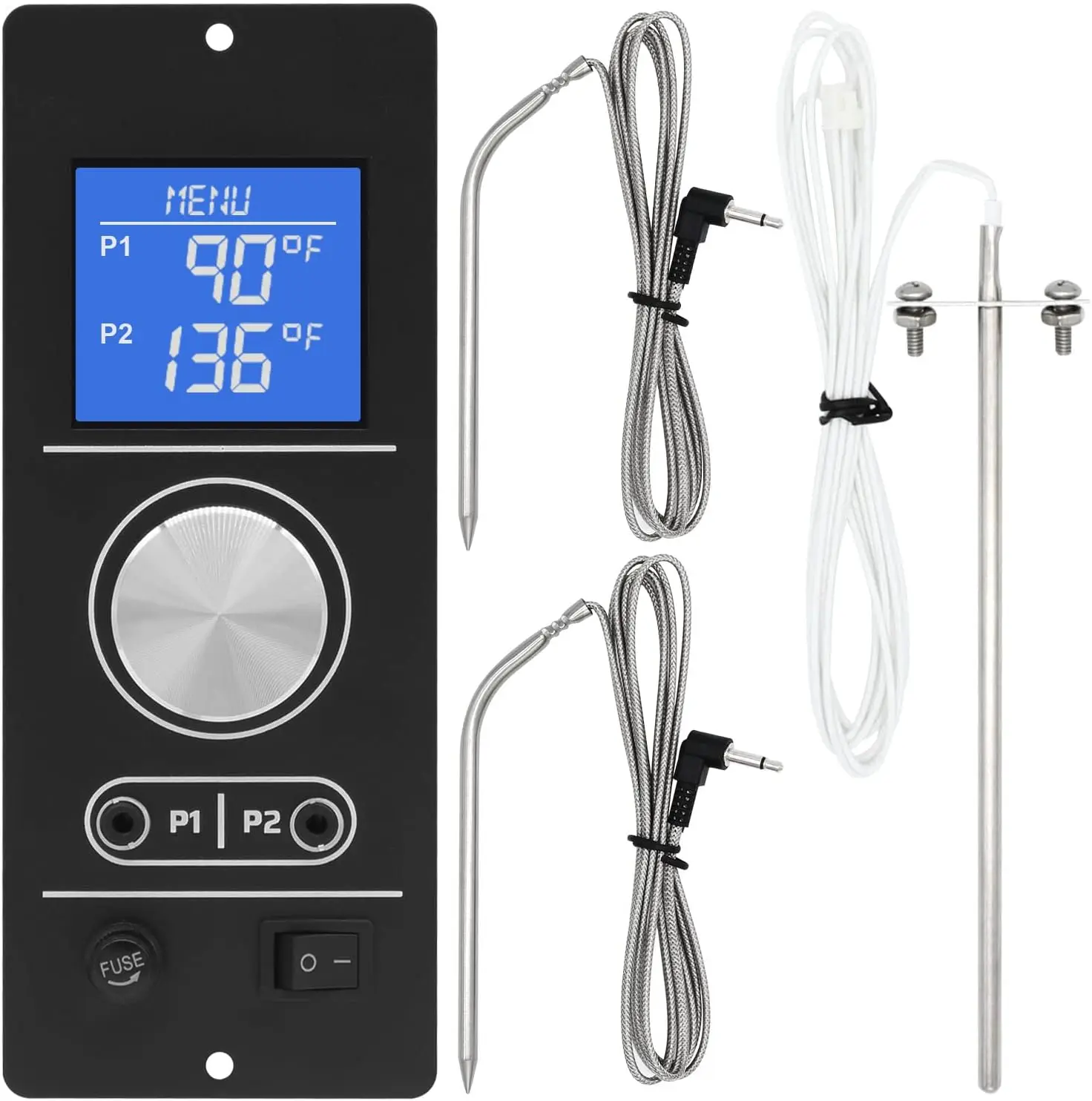 Digital Thermostat Controller for Pellet Grills with Dual Meat Probes and RTD Sensor
Digital Thermostat Controller for Pellet Grills with Dual Meat Probes and RTD Sensor