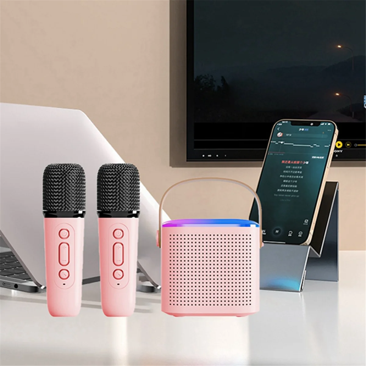 KK-B2-Portable Bluetooth 5.3 Speaker System with 2 Wireless Microphones Home Singing Speaker Pink 
KK-B2-Portable Bluetooth 5.3 Speaker System with 2 Wireless Microphones Home Singing Speaker Pink