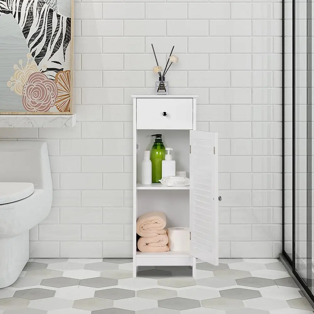 Bathroom Floor Storage Cabinet, Freestanding Side Table Storage Organizer Unit with Drawer and Single Shutter Door
Bathroom Floor Storage Cabinet, Freestanding Side Table Storage Organizer Unit with Drawer and Single Shutter Door