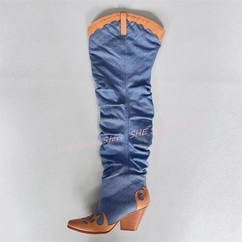 Fashion Mixed Color Pleated Denim Women Boots Pointed Toe Embroidery Chunky Heel Over-The Knee Boots Western Cowboys Boots
Fashion Mixed Color Pleated Denim Women Boots Pointed Toe Embroidery Chunky Heel Over-The Knee Boots Western Cowboys Boots