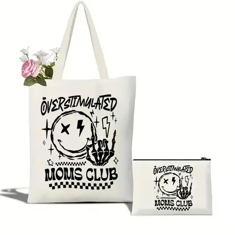 Overstimulated Moms Club Smiley Face With Skeleton  Tote Bag  Capacity Shopping Bags Women Shoulder Handbag Girl Handbags