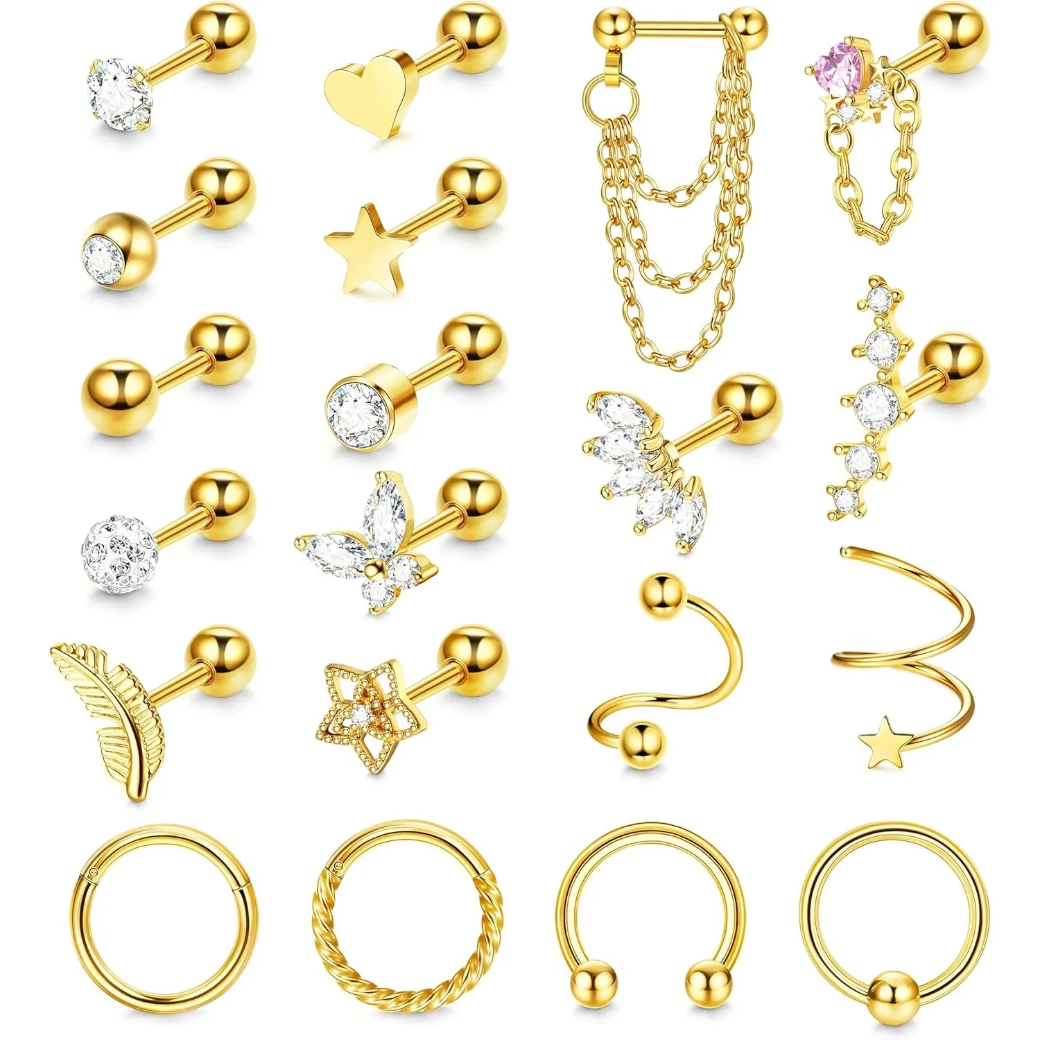 Bobisty 20Pcs 16G Helix Cartilage Earrings Steel Helix Piercing Jewellery for Women Ball Feather Heart Tragus Stud Hoop Set
Bobisty 20Pcs 16G Helix Cartilage Earrings Steel Helix Piercing Jewellery for Women Ball Feather Heart Tragus Stud Hoop Set