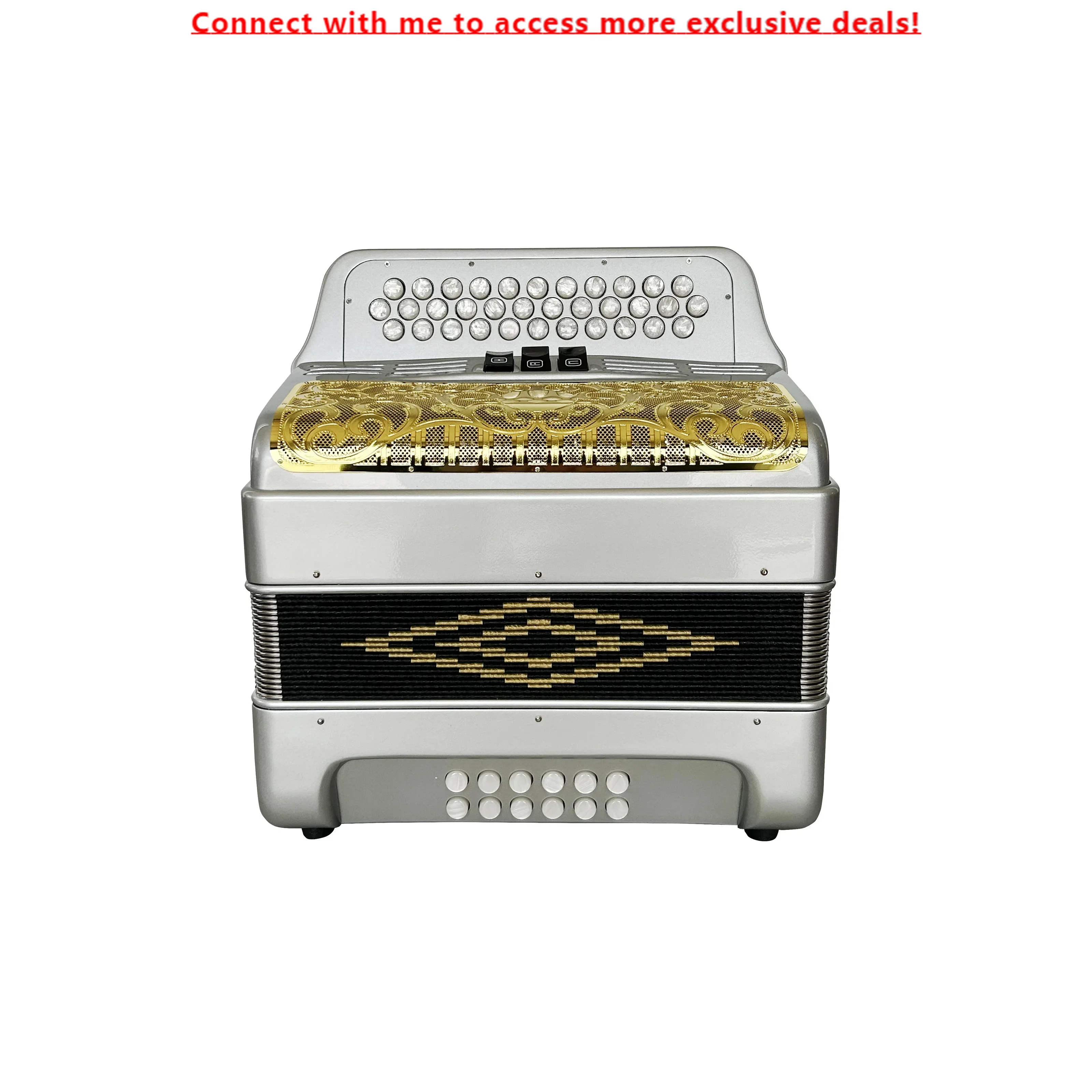 SEASOUND Professional 34-Button 12-Bass 3-Register Silver Accordion With Gold Grill White Buttons JB3412C Musical Instrument OEM
SEASOUND Professional 34-Button 12-Bass 3-Register Silver Accordion With Gold Grill White Buttons JB3412C Musical Instrument OEM