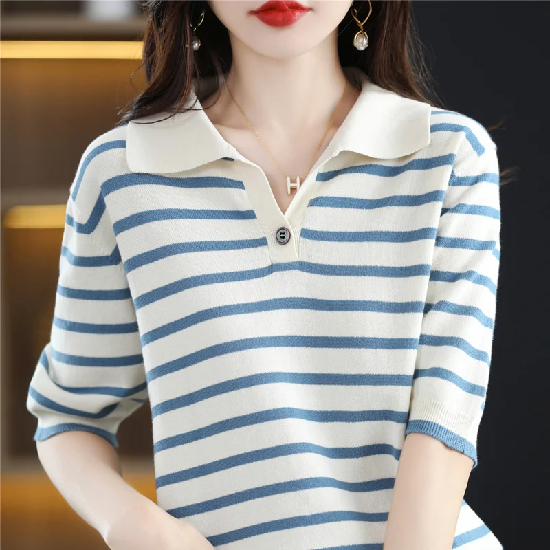 Striped Polo neck half sleeved knitted short sleeved T-shirt for women's summer loose casual slimming breathable versatile top
Striped Polo neck half sleeved knitted short sleeved T-shirt for women's summer loose casual slimming breathable versatile top