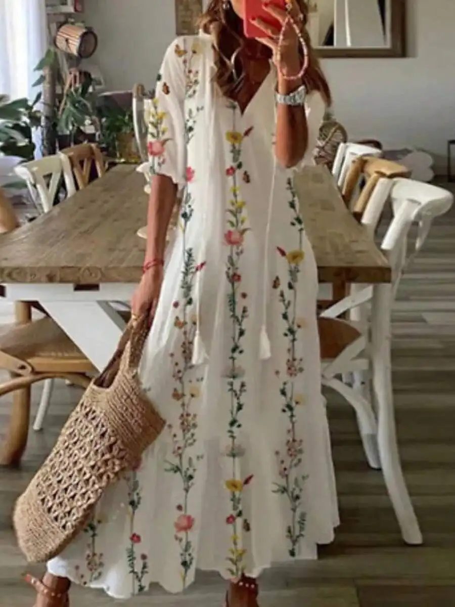 Boho Chic Women’s Flowy V-Neck Midi Sleeve Floral Embroidered Maxi Dress With Tassel Trim
Boho Chic Women’s Flowy V-Neck Midi Sleeve Floral Embroidered Maxi Dress With Tassel Trim