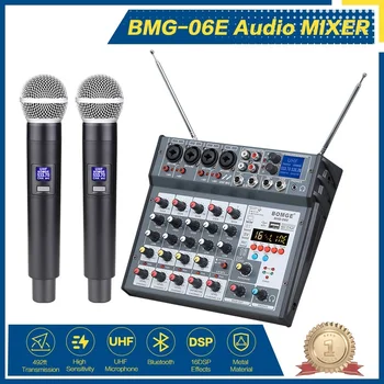 Top! Professional 6 Channels Audio Mixer Built-In 2 Handheld UHF Mic Wireless Microphone 150M With 16 DSP Mixing Console for DJ
