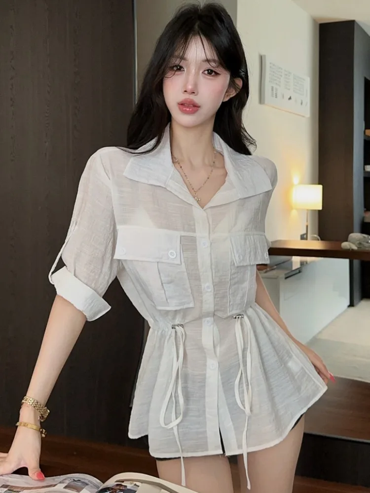 Simple Design Neck Short Sleeve Shirt Women's Summer New Style Waist-Cinching Slimming Mid-Length Top Korean Style
Simple Design Neck Short Sleeve Shirt Women's Summer New Style Waist-Cinching Slimming Mid-Length Top Korean Style