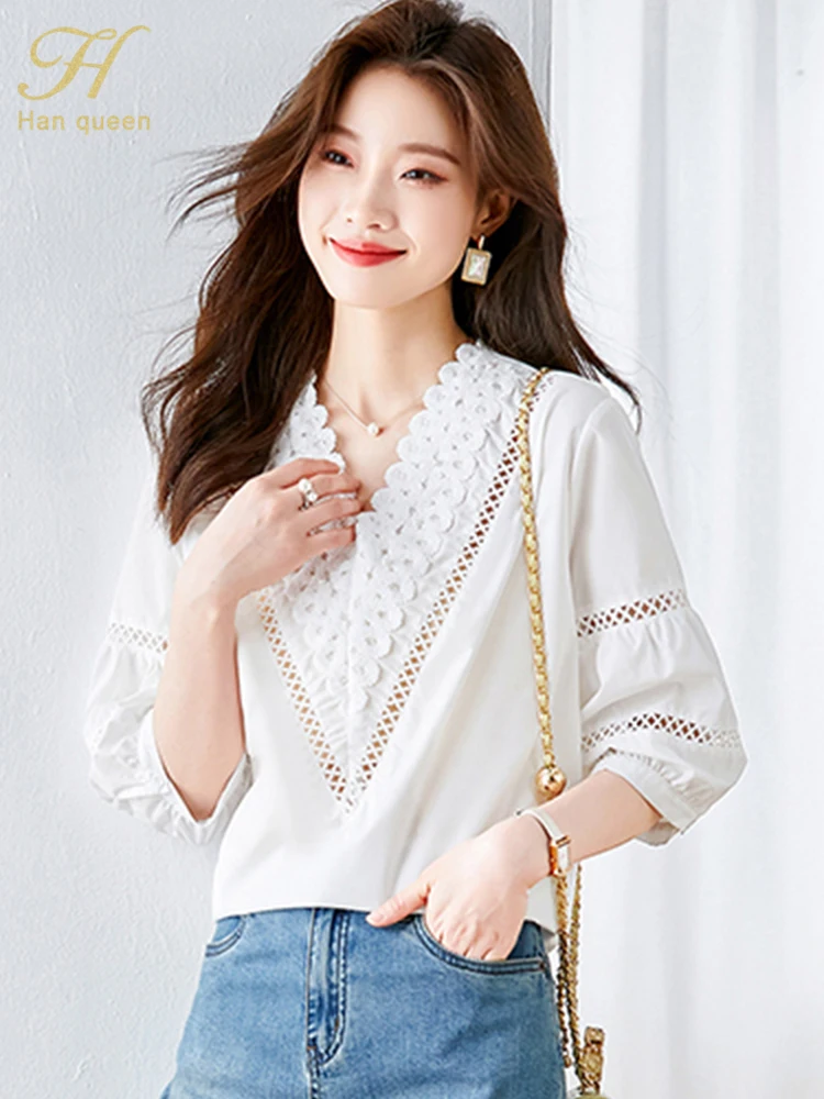 H Han Queen Lace Patchwork Tops V collar Lantern sleeves White Lady Blouse Female Shirt Casual Korean Women Loose Blouses
H Han Queen Lace Patchwork Tops V collar Lantern sleeves White Lady Blouse Female Shirt Casual Korean Women Loose Blouses