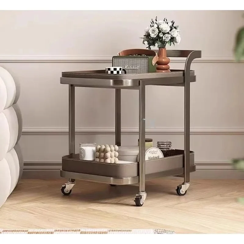 Light Luxury Saddle Leather Modern Metal Frame Mobile Trolley Living Room Sofa Side Table Small Coffee Table Home Dining Cart