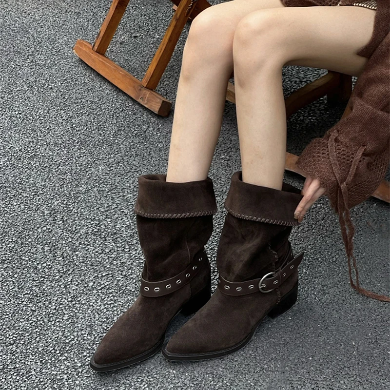 Винтажные плиссированные женские ковбойские сапоги в стиле вестерн с острым носком, модные рыцарские ботильоны без шнуровки на толстом каблуке 
Винтажные плиссированные женские ковбойские сапоги в стиле вестерн с острым носком, модные рыцарские ботильоны без шнуровки на толстом каблуке