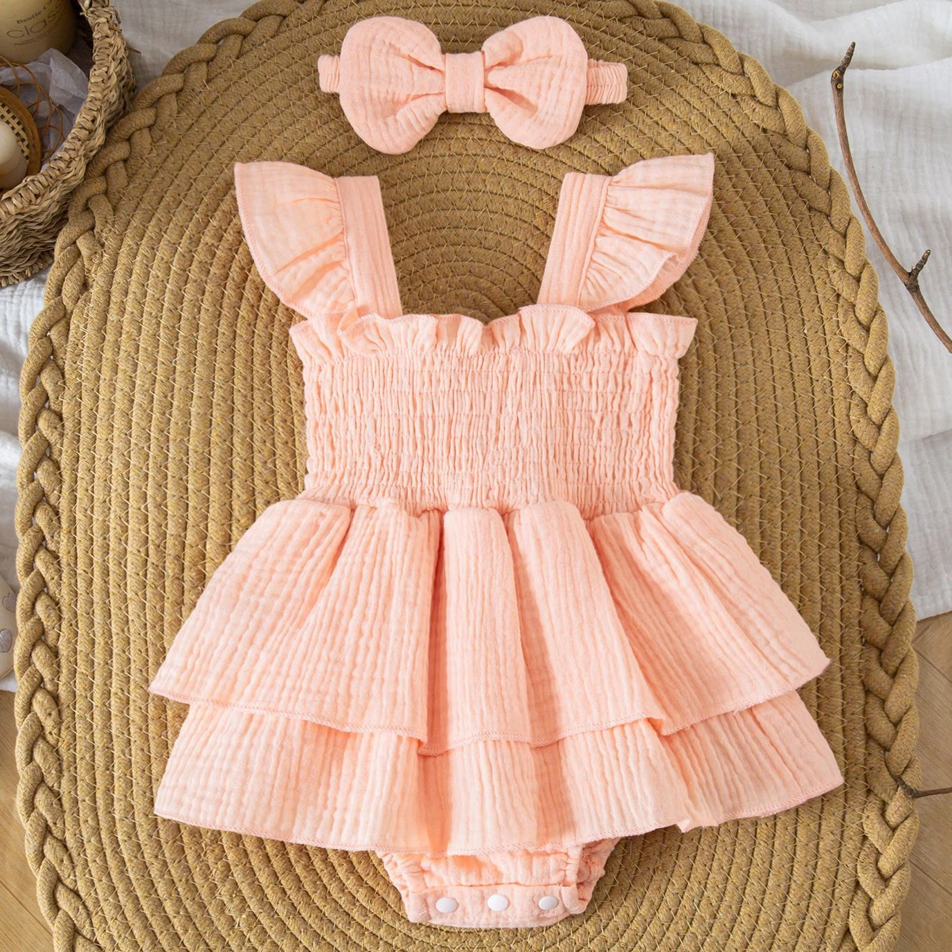 Newborn Girl Romper Dress with Headband Baby Girl Smocked Layered Ruffled Dress Baby Girl Summer Clothes Princess Skirted Romper
Newborn Girl Romper Dress with Headband Baby Girl Smocked Layered Ruffled Dress Baby Girl Summer Clothes Princess Skirted Romper