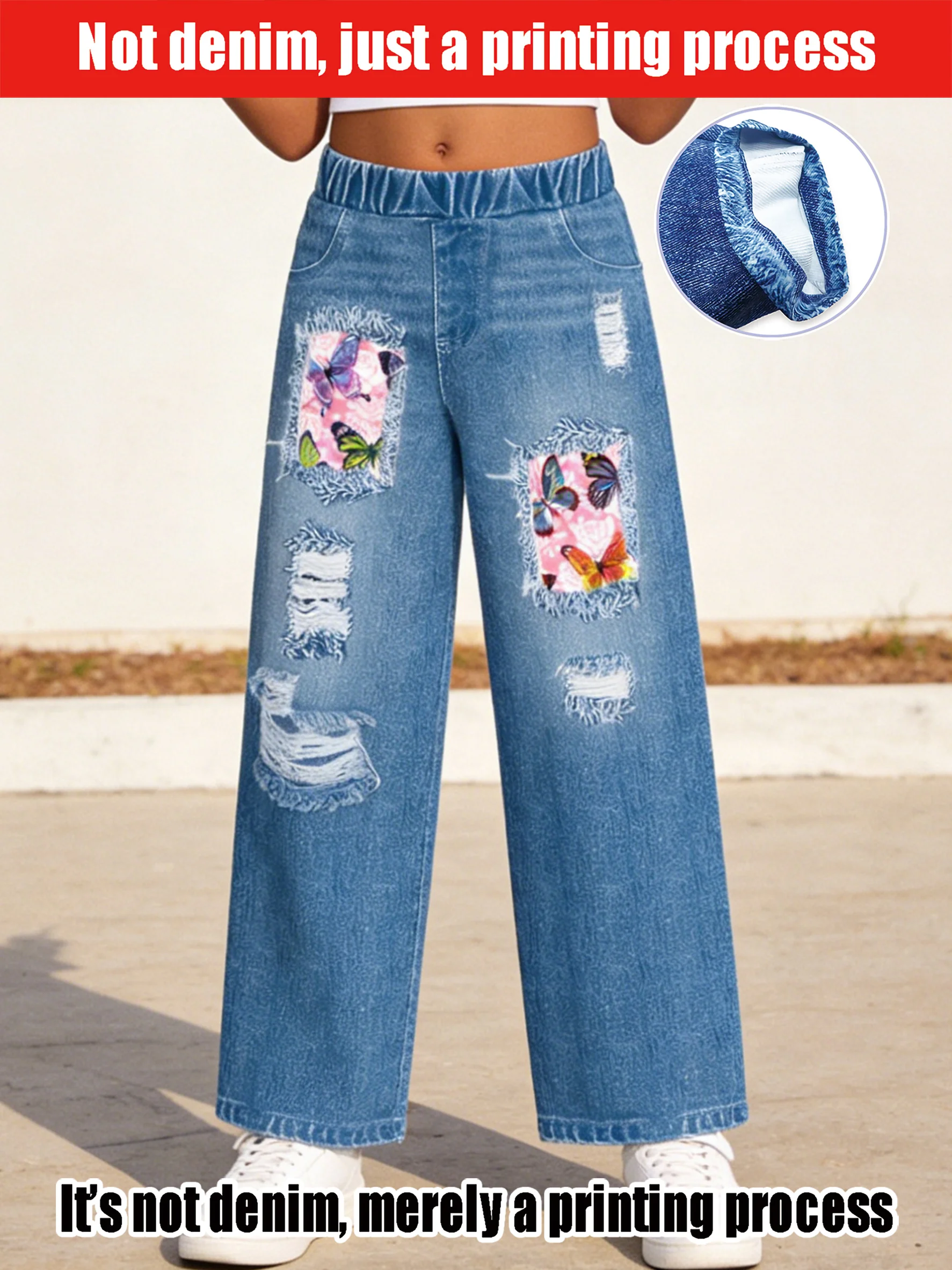 2026 children's light blue imitation denim wide-leg pants, old holes + colorful butterfly splicing decoration
2026 children's light blue imitation denim wide-leg pants, old holes + colorful butterfly splicing decoration