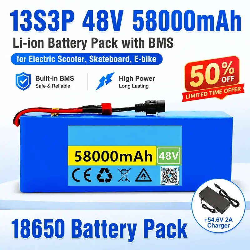 13S3P 48V 58000mAh 18650 Battery Pack with BMS for Electric Scooter Skateboard E-bike High Power Li-ion Battery+54.6V2A Charger
13S3P 48V 58000mAh 18650 Battery Pack with BMS for Electric Scooter Skateboard E-bike High Power Li-ion Battery+54.6V2A Charger