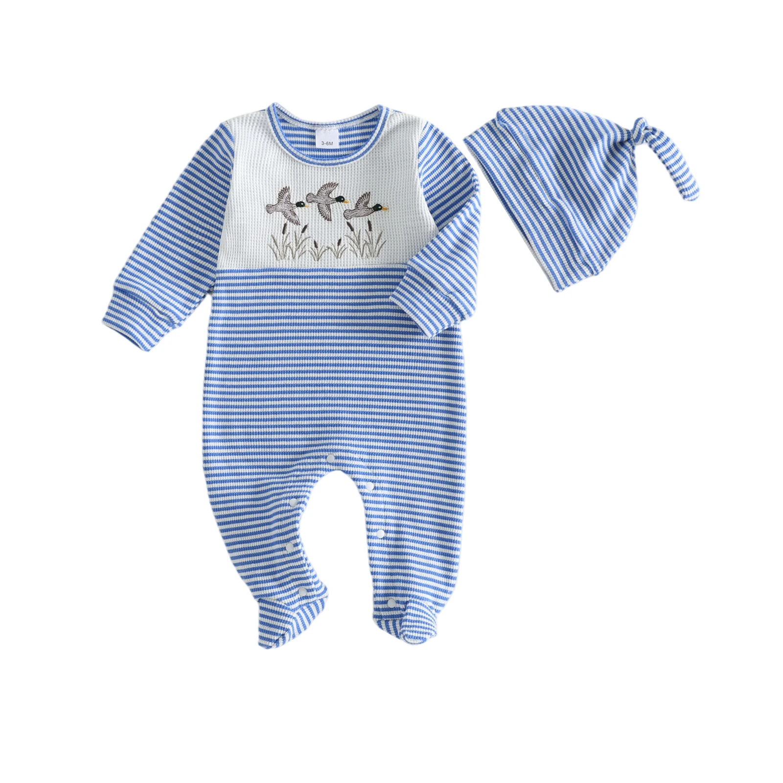 Baby Boy Fall Waffled Stripe Romper Duck Embroidery Long Sleeve Round Neck Footed Jumpsuit with Hat
Baby Boy Fall Waffled Stripe Romper Duck Embroidery Long Sleeve Round Neck Footed Jumpsuit with Hat