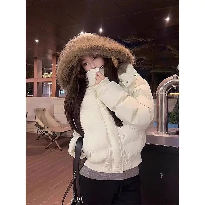 Autumn Winter Fur Hooded Jacket Women Outerwear Thick Dowon Cotton Padded Slim Short Parkas Female Cropped Puffer Bubble Coat 48 Sd0cbabd5efc54d1794f75f714af4b0deh