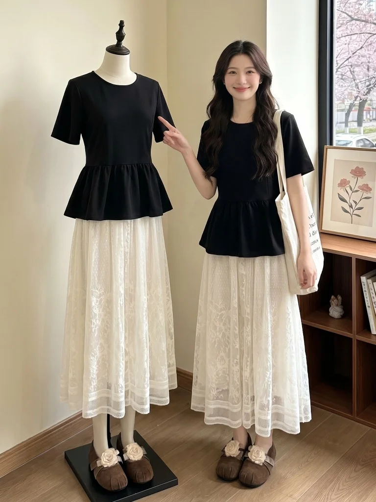 plus Size Women's Summer Fashion Set High Waist Lace Mesh Short Sleeve Black Dress And Top Two-Piece Suit Elegant Sensation
plus Size Women's Summer Fashion Set High Waist Lace Mesh Short Sleeve Black Dress And Top Two-Piece Suit Elegant Sensation
