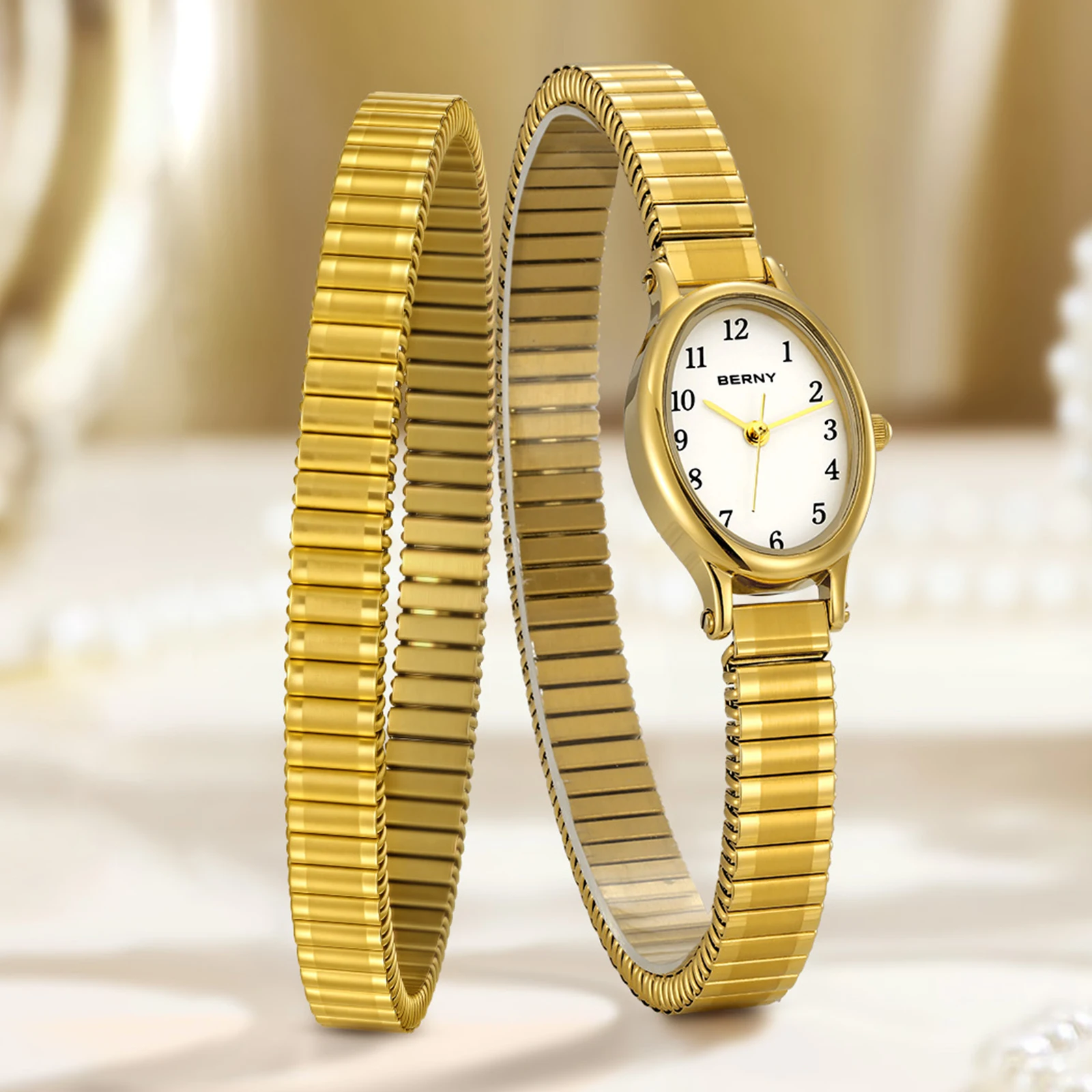 BERNY Luxury Women's Watches Golden Stretch Bangle Elegant Dress Ladies Watch Elastic Band Easy Read Wristwatch
BERNY Luxury Women's Watches Golden Stretch Bangle Elegant Dress Ladies Watch Elastic Band Easy Read Wristwatch